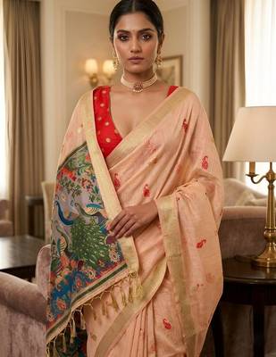 Peach color smart and rich looks cotton silk traditional saree 3
