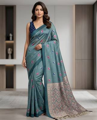 Blue color cotton silk fabric woven designer ethnic festive saree 1