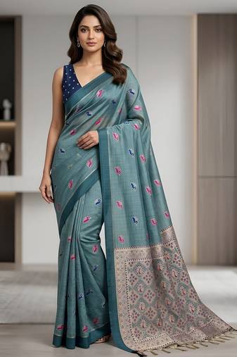 Blue color cotton silk fabric woven designer ethnic festive saree