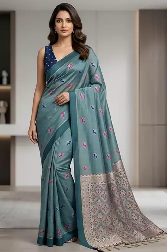 Blue color cotton silk fabric woven designer ethnic festive saree