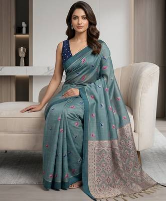 Blue color cotton silk fabric woven designer ethnic festive saree 4