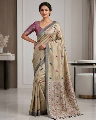 Beige color cotton silk fabric woven designer ethnic festive saree 1