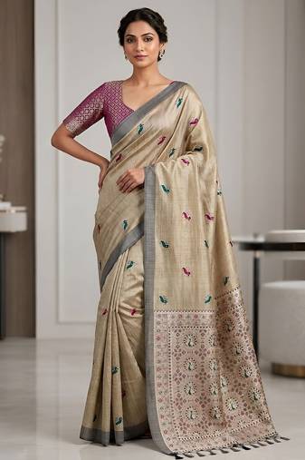 Beige color cotton silk fabric woven designer ethnic festive saree