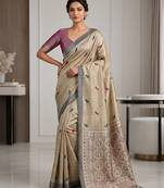 Beige color cotton silk fabric woven designer ethnic festive saree