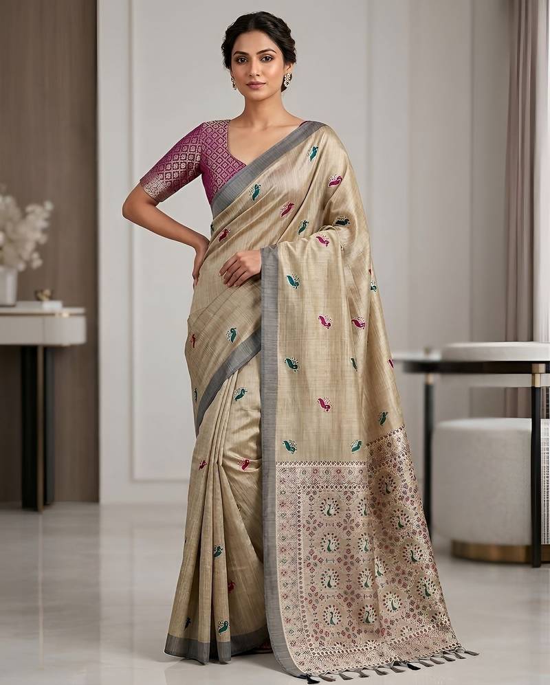 Beige color cotton silk fabric woven designer ethnic festive saree