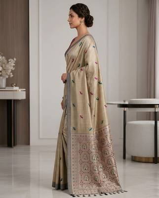 Beige color cotton silk fabric woven designer ethnic festive saree 2