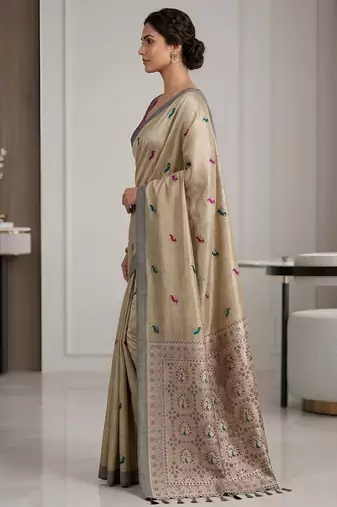 Beige color cotton silk fabric woven designer ethnic festive saree