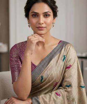 Beige color cotton silk fabric woven designer ethnic festive saree 3
