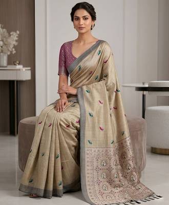 Beige color cotton silk fabric woven designer ethnic festive saree 4