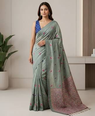 Green color cotton silk fabric woven designer ethnic festive saree 1