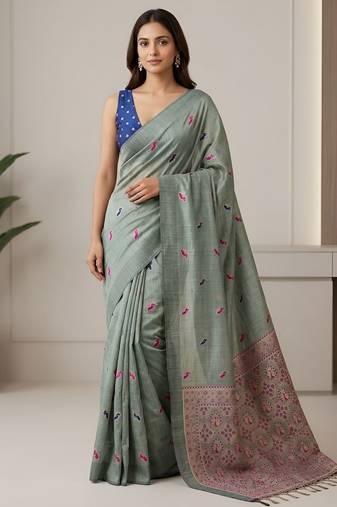 Green color cotton silk fabric woven designer ethnic festive saree