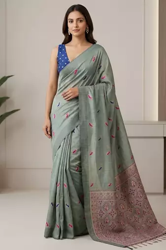 Green color cotton silk fabric woven designer ethnic festive saree