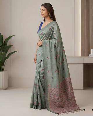 Green color cotton silk fabric woven designer ethnic festive saree 2