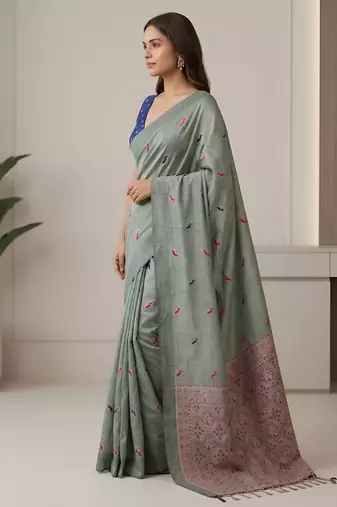 Green color cotton silk fabric woven designer ethnic festive saree