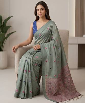 Green color cotton silk fabric woven designer ethnic festive saree 4