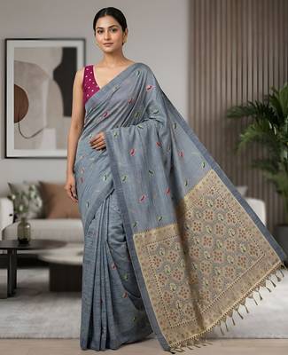 Grey color cotton silk fabric woven designer ethnic festive saree 1