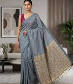 Grey color cotton silk fabric woven designer ethnic festive saree