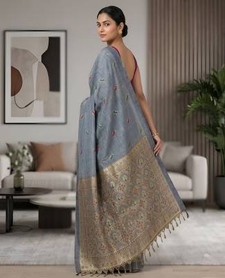 Grey color cotton silk fabric woven designer ethnic festive saree 2