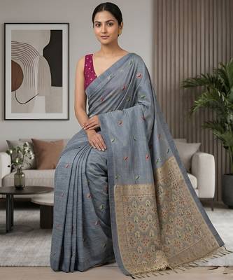 Grey color cotton silk fabric woven designer ethnic festive saree 4