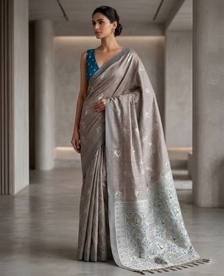Silver grey color cotton silk fabric woven designer ethnic festive saree 1