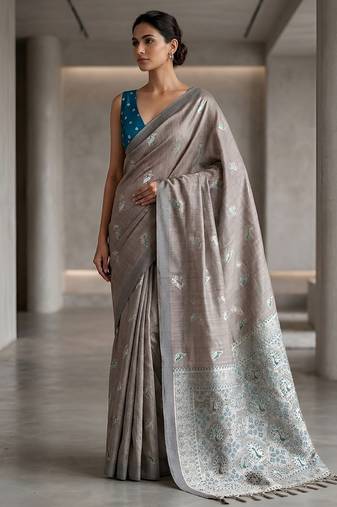 Silver grey color cotton silk fabric woven designer ethnic festive saree