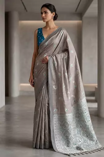 Silver grey color cotton silk fabric woven designer ethnic festive saree