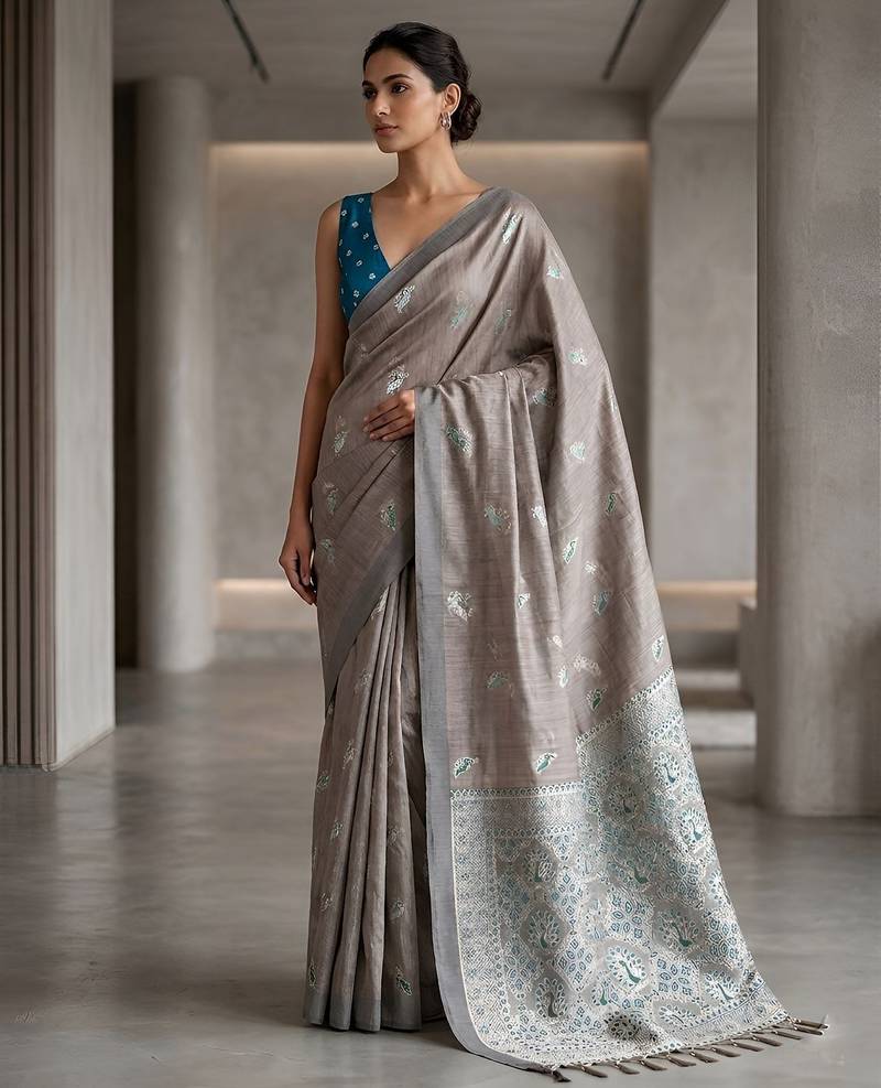 Silver grey color cotton silk fabric woven designer ethnic festive saree
