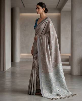Silver grey color cotton silk fabric woven designer ethnic festive saree 2