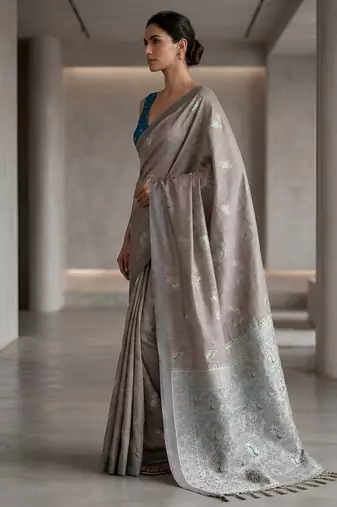 Silver grey color cotton silk fabric woven designer ethnic festive saree