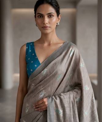 Silver grey color cotton silk fabric woven designer ethnic festive saree 3