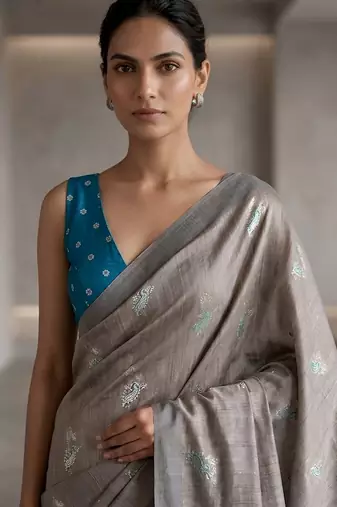 Silver grey color cotton silk fabric woven designer ethnic festive saree