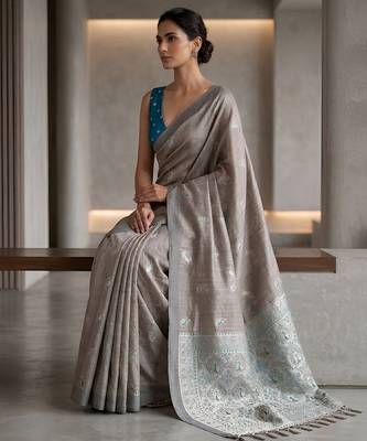 Silver grey color cotton silk fabric woven designer ethnic festive saree 4