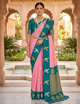 Baby pink color beautiful woven designer soft silk rich looks saree 1