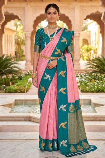 Baby pink color beautiful woven designer soft silk rich looks saree