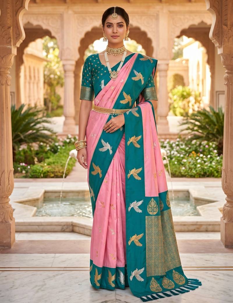 Baby pink color beautiful woven designer soft silk rich looks saree