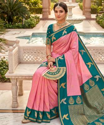 Baby pink color beautiful woven designer soft silk rich looks saree 3