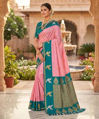 Baby pink color beautiful woven designer soft silk rich looks saree 4