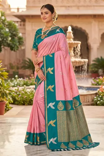 Baby pink color beautiful woven designer soft silk rich looks saree