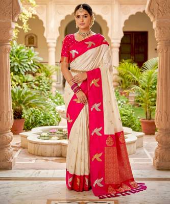 Cream color beautiful woven designer soft silk rich looks saree 1