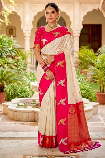 Cream color beautiful woven designer soft silk rich looks saree