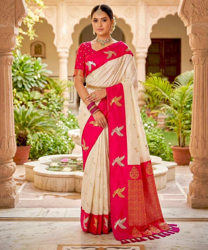 Cream color beautiful woven designer soft silk rich looks saree