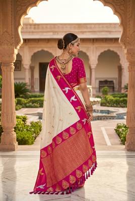 Cream color beautiful woven designer soft silk rich looks saree 2