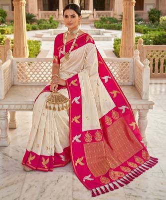 Cream color beautiful woven designer soft silk rich looks saree 3