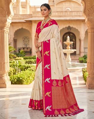 Cream color beautiful woven designer soft silk rich looks saree 4