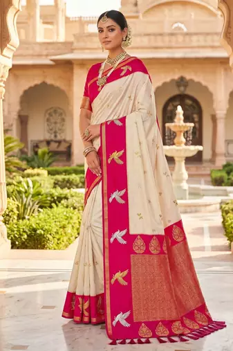 Cream color beautiful woven designer soft silk rich looks saree