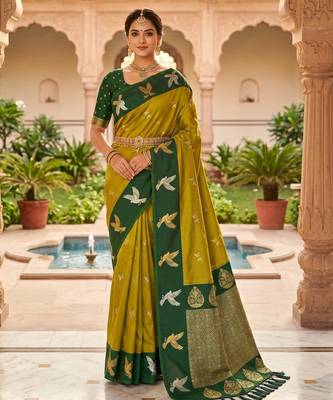 Mahendi color beautiful woven designer soft silk rich looks saree 1