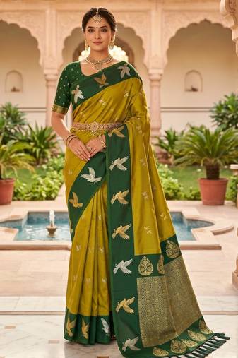 Mahendi color beautiful woven designer soft silk rich looks saree