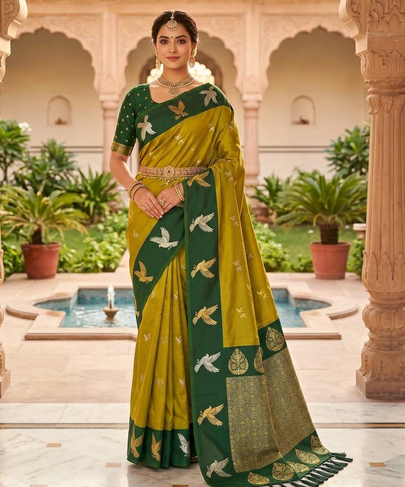Mahendi color beautiful woven designer soft silk rich looks saree