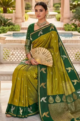 Mahendi color beautiful woven designer soft silk rich looks saree