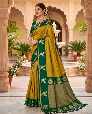 Mahendi color beautiful woven designer soft silk rich looks saree 4